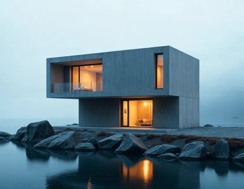 Modern waterside house lit at dusk
