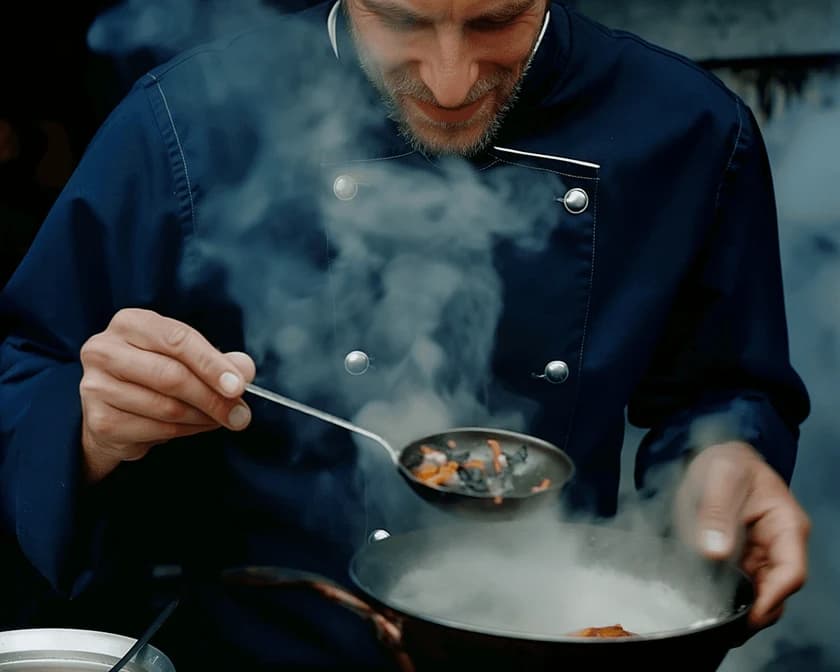 Chef plating over steam in a dark kitchen