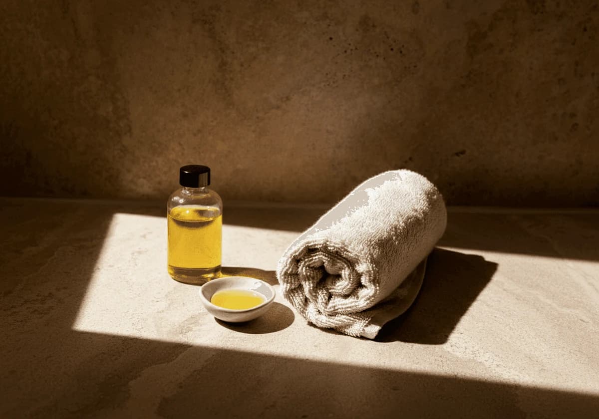 Oil bottle and rolled towel in low sun