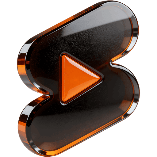 Glass YouTube play mark rendered in black and orange